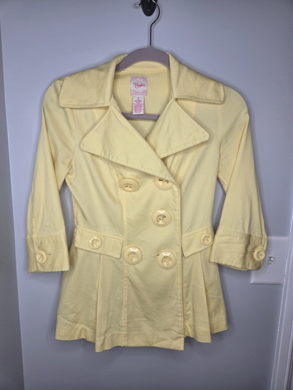 Candie's Soft Yellow Double-Breasted Pea Coat - Picture 1 of 15